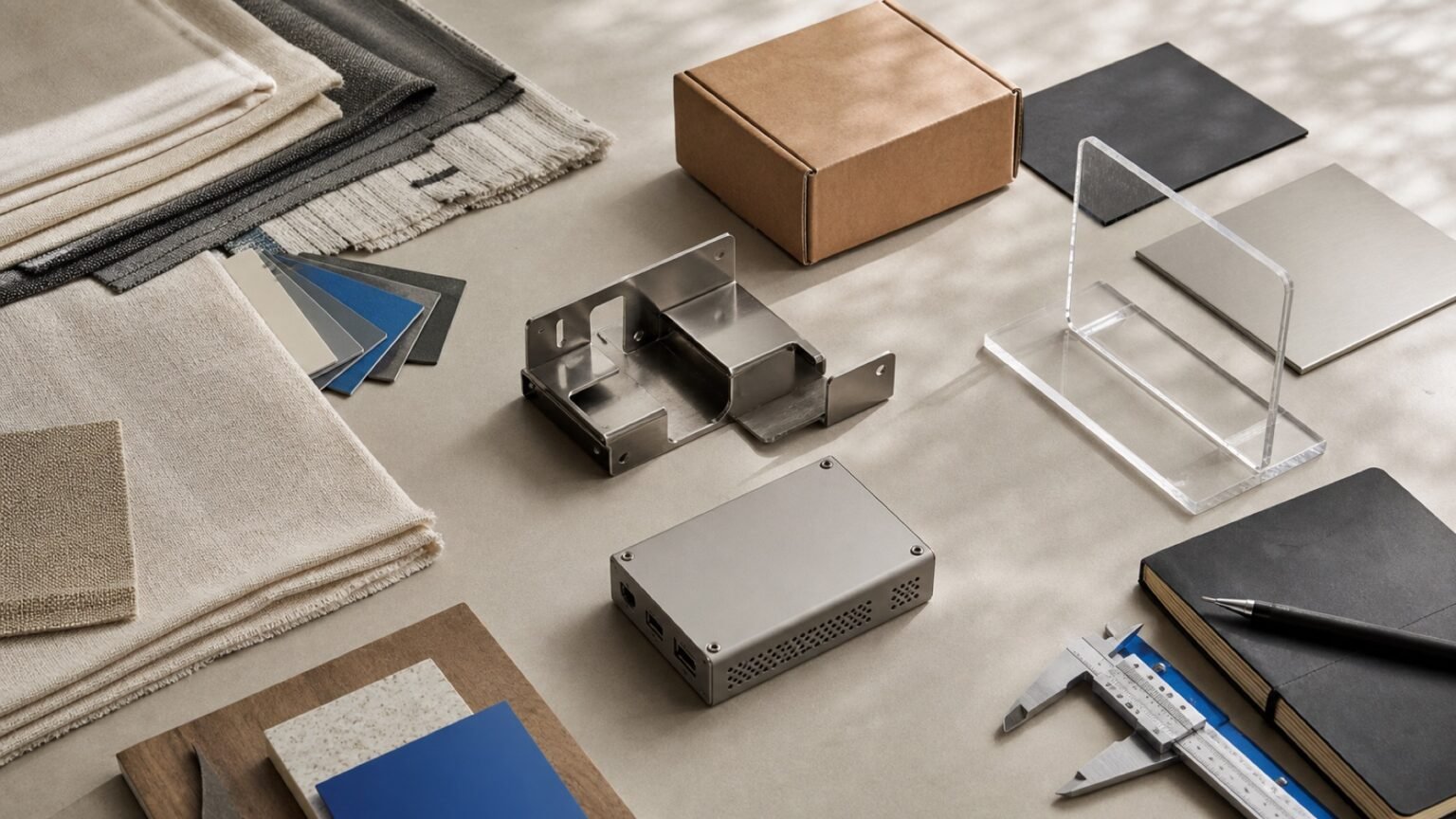 Illustrative sourcing table with textiles, packaging, metal parts and display samples