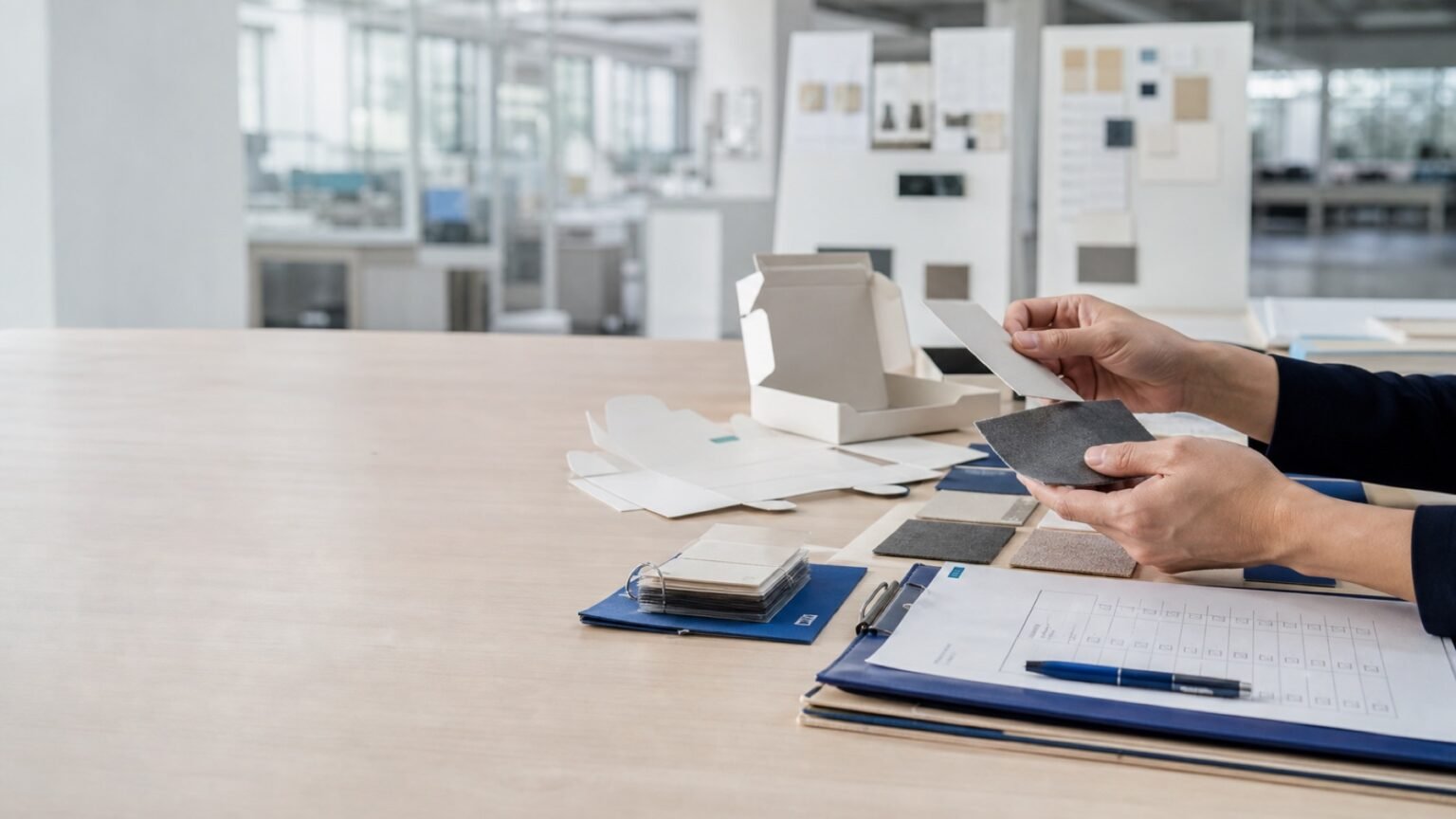 China Sourcing & Custom Manufacturing Services 1 Illustrative sourcing workspace with materials and packaging documents